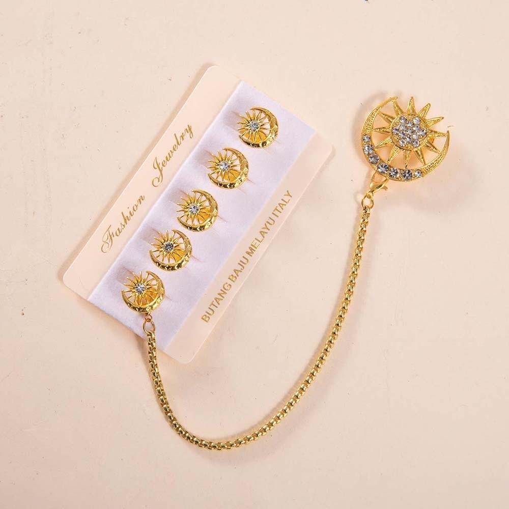 

5pcs Rhinestone Baju Melayu Studs Corsage Ornament Brooch with Chain Formal Occasion / Wedding Style 1 Golden