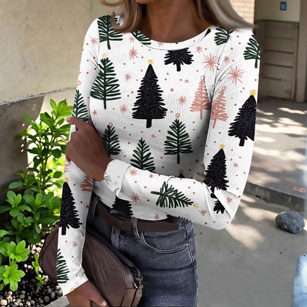 Women's  Slim Bottom T-shirt Fashion Casual Gradient Printing Round Neck Pullover Long Sleeve Top