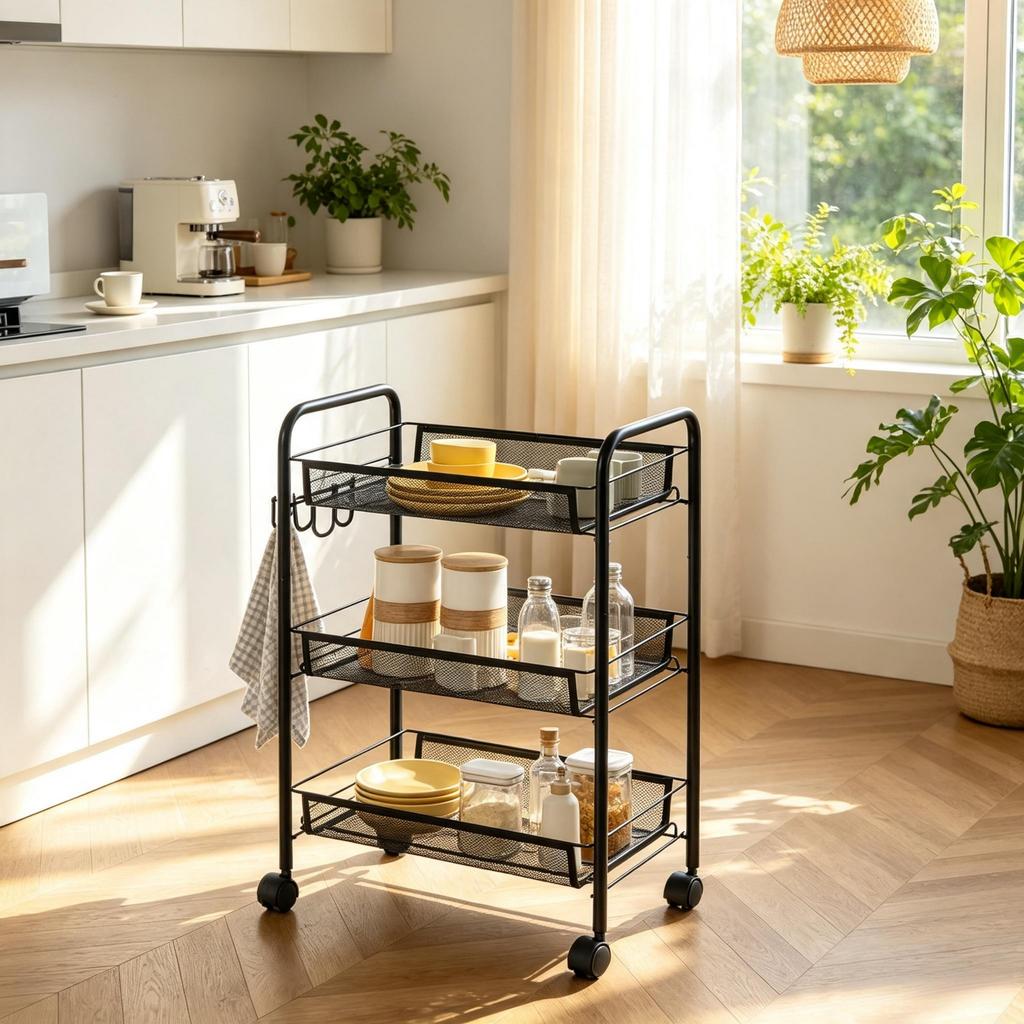 Three-Tier Rolling Cart with Mesh Baskets and Hooks, Modern Storage Cart, Versatile Kitchen Cart, Elegant Rolling Shelf Cart (only with storage cart)