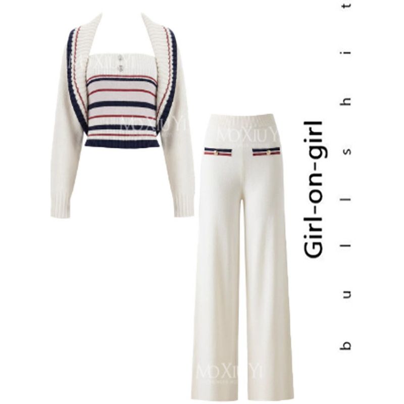 

Casual Striped Tweed-Style Large Lapel Knitted Cardigan and Pants Set for Women Trousers L