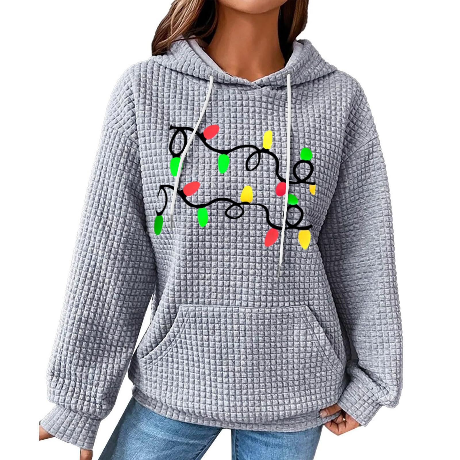 

Женский модный свободный пуловер с капюшоном, длинными рукавами, клетчатый свитшот с кулиской, со спущенным плечом, карманом, рождественским принтом L