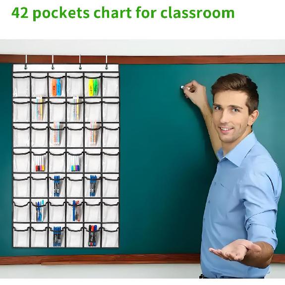 42 Clear Pockets Classroom Pocket Chart for Cell Phones and Calculator, Pocket Chart Organizer for Classroom Phone Storage Holder with 42 Number