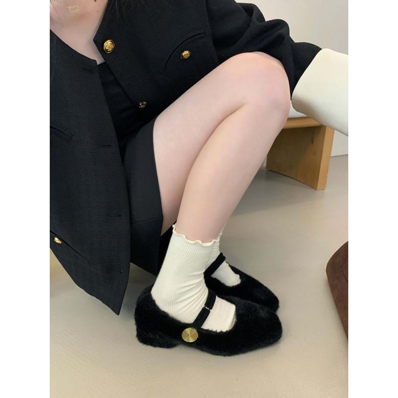 2025 Herbst und Winter neue koreanische Version Ein-Wort mit lässigen Ein-Pedal Plüsch Dick-Absatz flauschige einzelne Schuhe