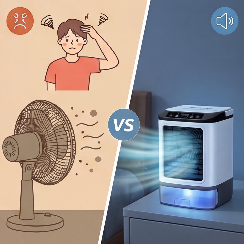 Mini Air Conditioner: 4-in-1 Portable Evaporative Cooler with 900ML Tank - 4 Speeds 2 Mist Modes 7 Color LED Light Rechargeable Personal Cooling