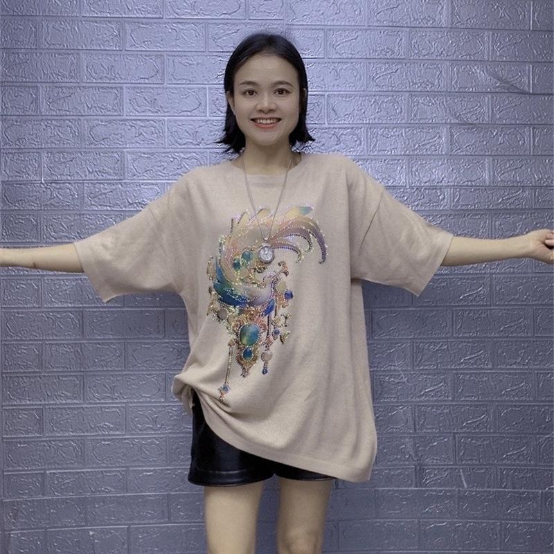 

European Style Rhinestone Round Neck Women s Summer Loose Plus Size T-shirt - New Fashion Trend One Size (suitable for 85-170 jin) білий