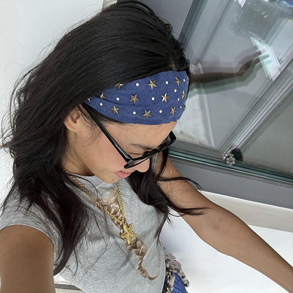 Spicy Girl Wide Edge Hairband Y2K Retro Hair Hoop Sweet Wide Star Rivet Headband  Women