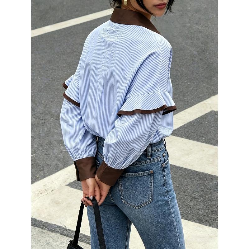 TIFICY Bluzki i koszule damskie w stylu casual, wiosna, jesień, paski, długi rękaw, dekolt POLO