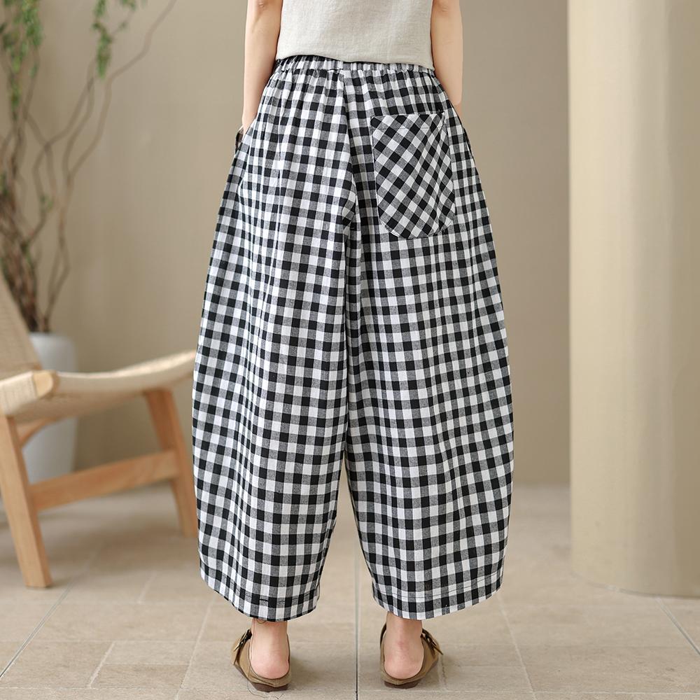 DIMANAF 2026 Summer New Plus Size Women Long Pants Vintage Printing Loose Casual Elastic Waist Lady Bottoms Black Plaid