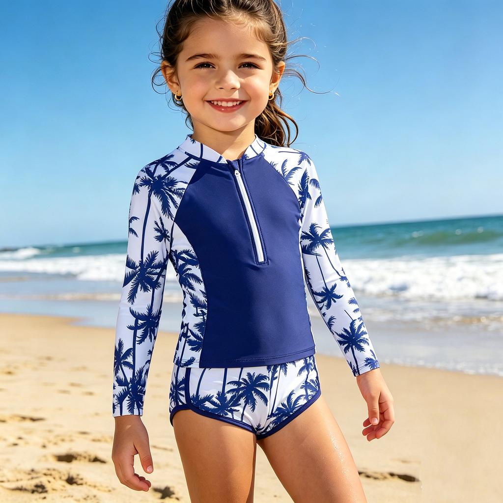 Dívčí Rash Guard Plavky Set Dlouhý Rukáv Zip Vpředu Horní Díl s Tropickým Potiskem a Pasové Plavky Dvoudílné Plavky pro Děti