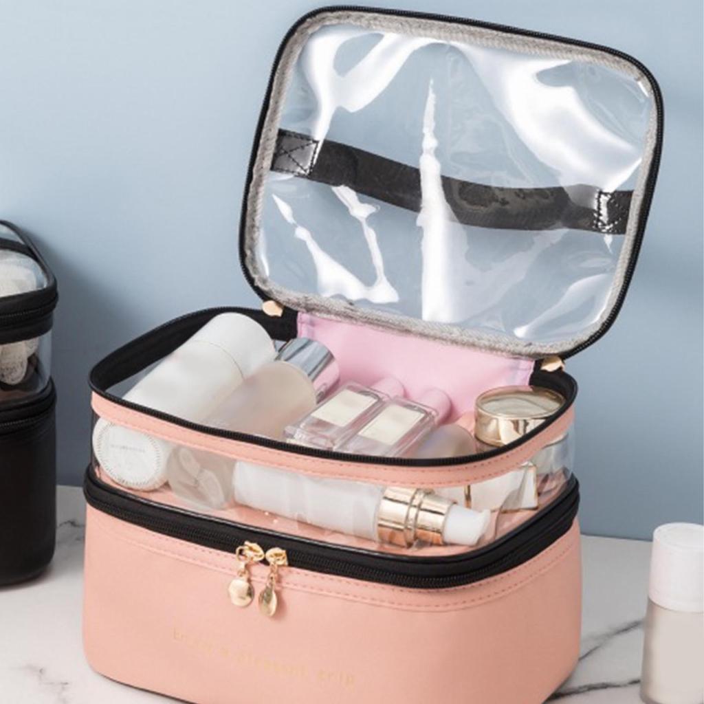 Double Layer Makeup Bag with Smooth Zippers Comfortable Handle Waterproof Sealed Travel Cosmetic