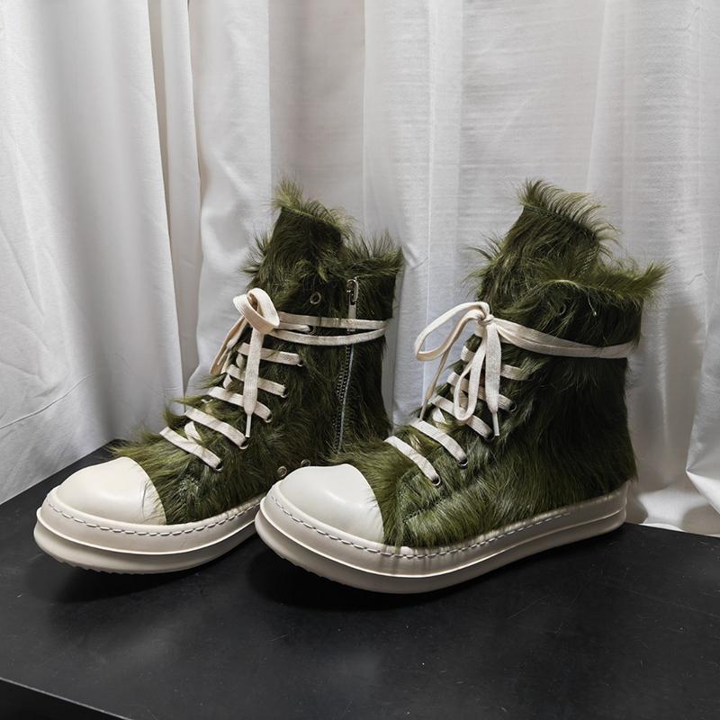 Horsehair Fashion Women and Men Ankle Boots Lace Up Trendy Green Tassel Flat Platform Height Increasing All Match Bota