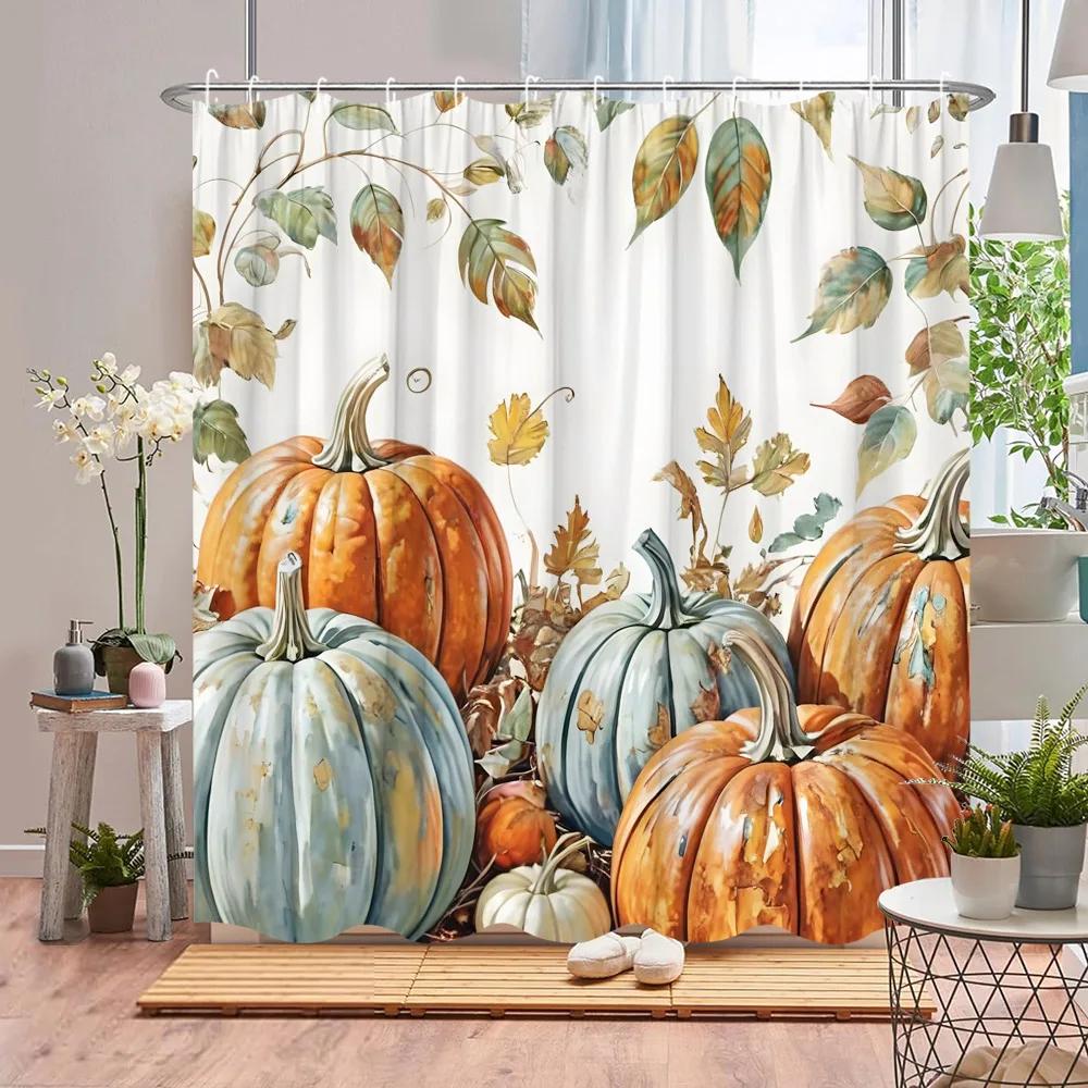 Autumn Scenic Shower Curtain Fall Pumpkin Farm Thanksgiving Butterfly Flower Leaf Barn Polyester Fabric Bathroom Decor Curtains