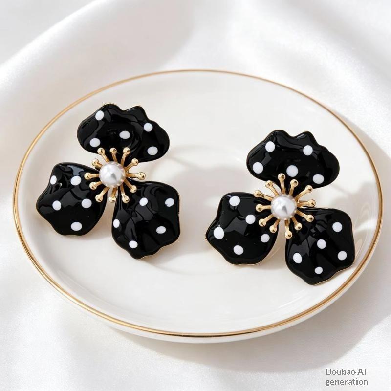 Faux Pearl Accent Flower Stud Earrings Black Polka Dot Gold Tone Edging Perfect BFF Gift for Female Friends