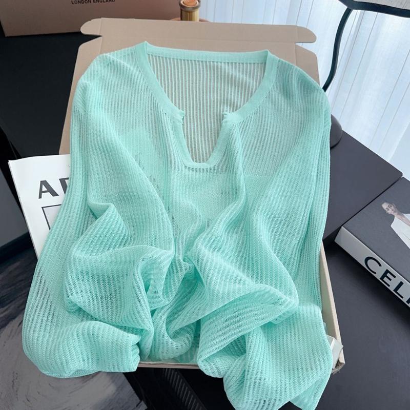 

Женский летний зеленый трикотажный топ с V-образным вырезом, верхняя одежда, защита от солнца, накидка, дофаминовый свободный верхний слой L