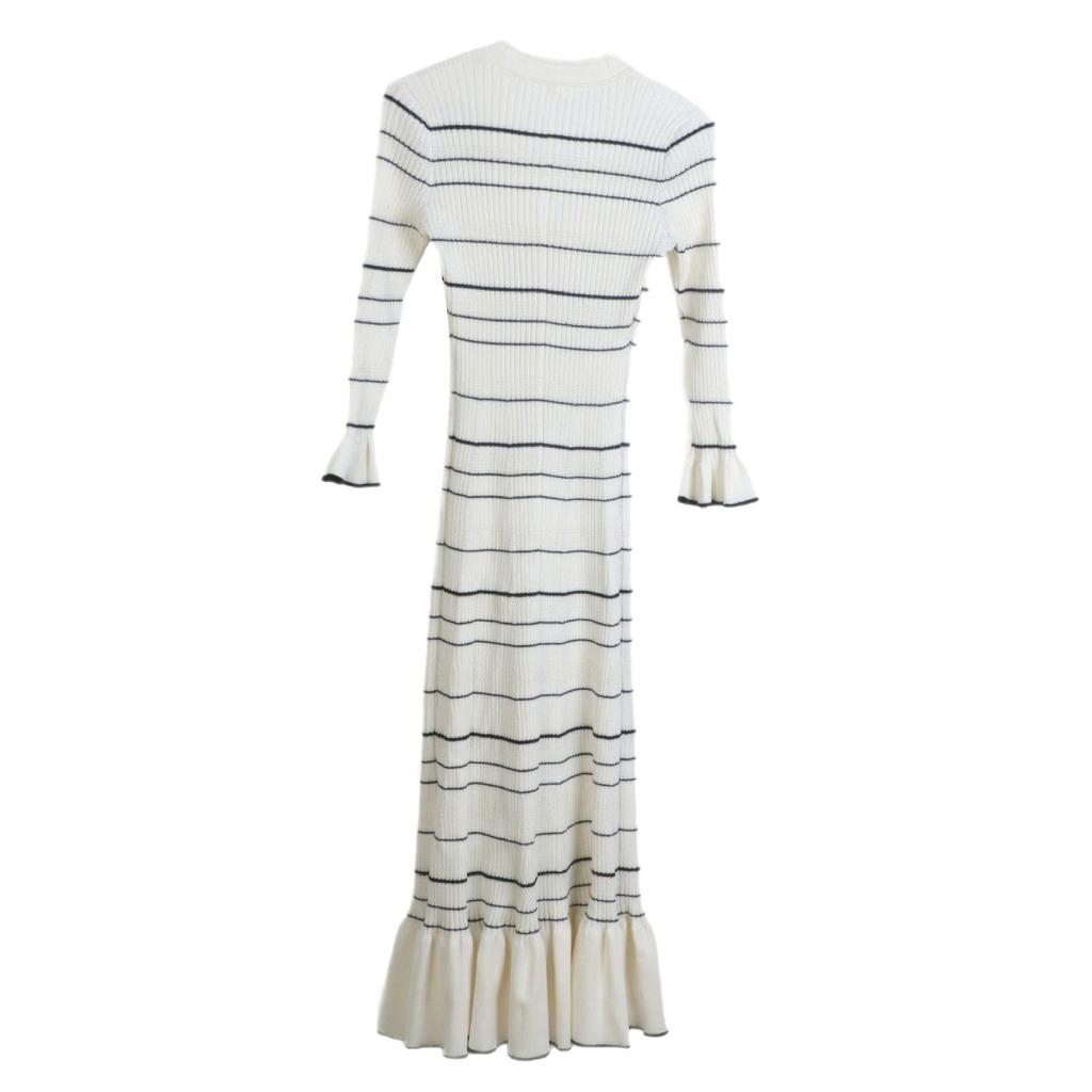 Zhuoya 2025 Elegant French Socialite V-neck Striped Ruffle Hem Long Dress for Women