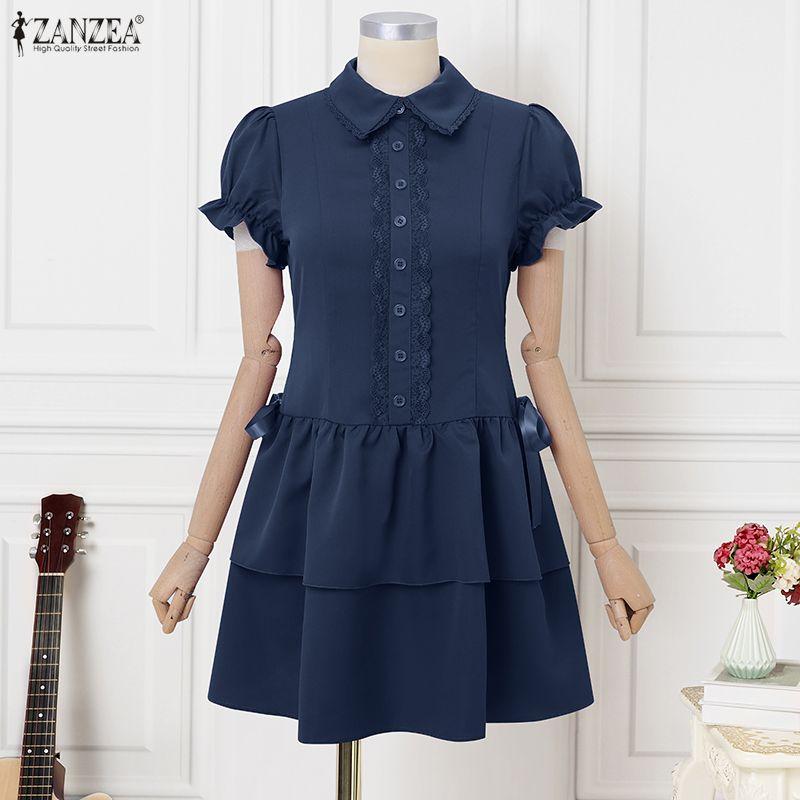 ZANZEA Women Casual Lapel Neck Short Sleeve Lace Hem Ruffled Dress