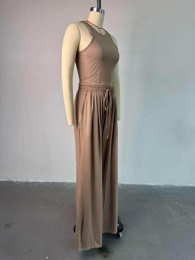 2025 Spring/Summer Women's Three-Piece Set: Casual Long Coat, Camisole, and Tie-Up Wide-Leg Pants