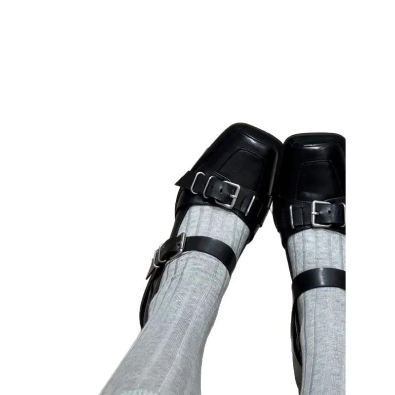 Fashion Fashionable Punk Style Square Toe Black Chunky Heel Open Toe Single Shoes Summer New Arrival Versatile Leather Shoes for Women