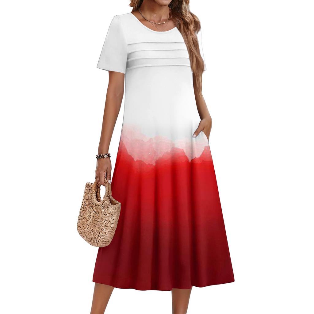 Ladies' Gradient Printed Casual And Fashionable Short Sleeved Round Neck Dress