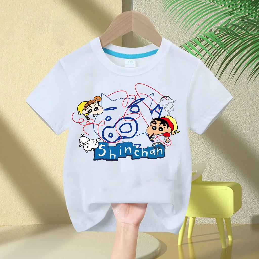 2026 New Summer Cotton Cartoon Crayon Shinchan Print TShirt Summer Fashion Casual Round Neck Cotton Childrens Top