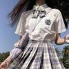 Lemon Sea Salt Plaid School Uniform: Short Sleeve Top & Midi Skirt Set