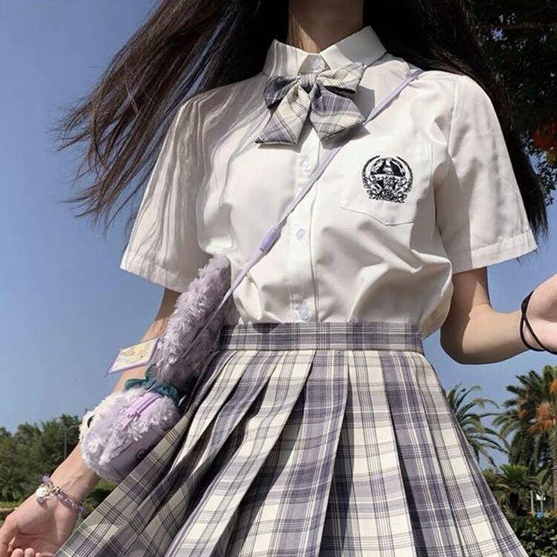 Lemon Sea Salt Plaid School Uniform: Short Sleeve Top & Midi Skirt Set