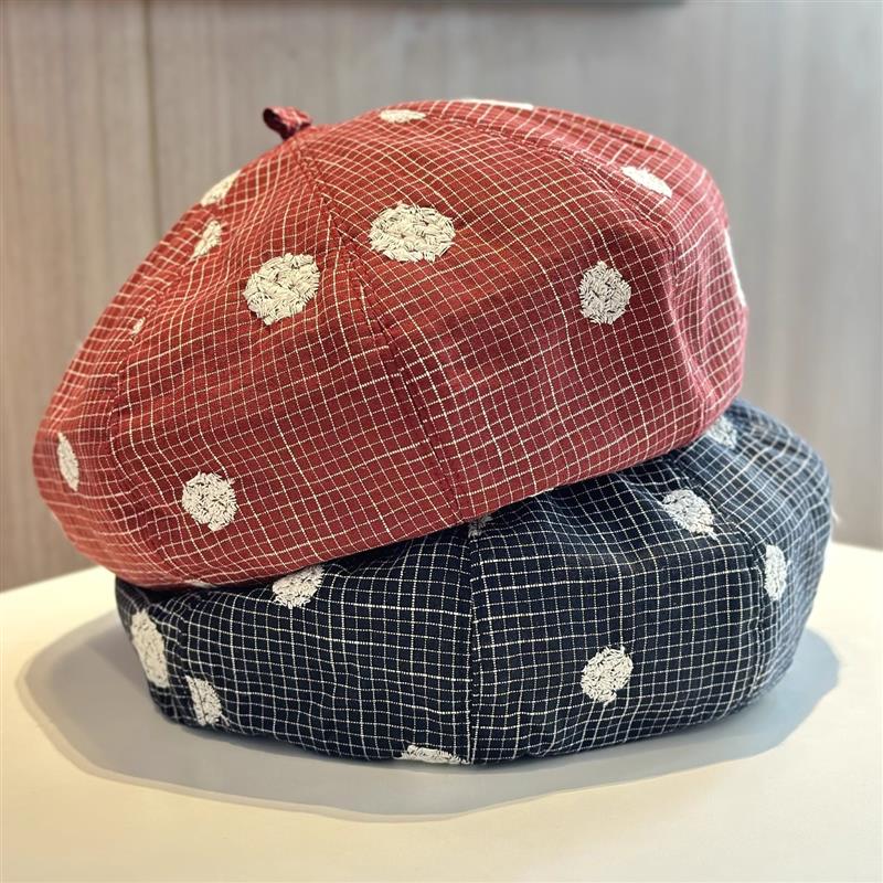Polka Dot Jacquard Sweet Beret Breathable Thin Pumpkin Hat Cute Autumn Outdoor Plaid Weave Casual Caps