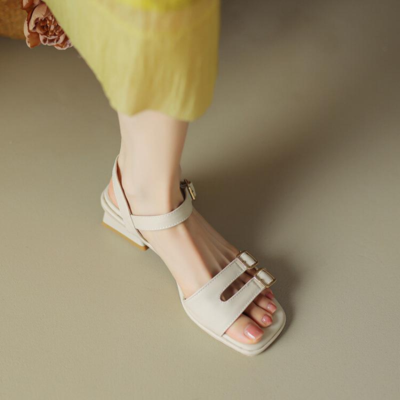 

New women s wide strip sandals summer women s high-heeled sandals large size shoes rubber sole women s shoes casual solid color buckle 39