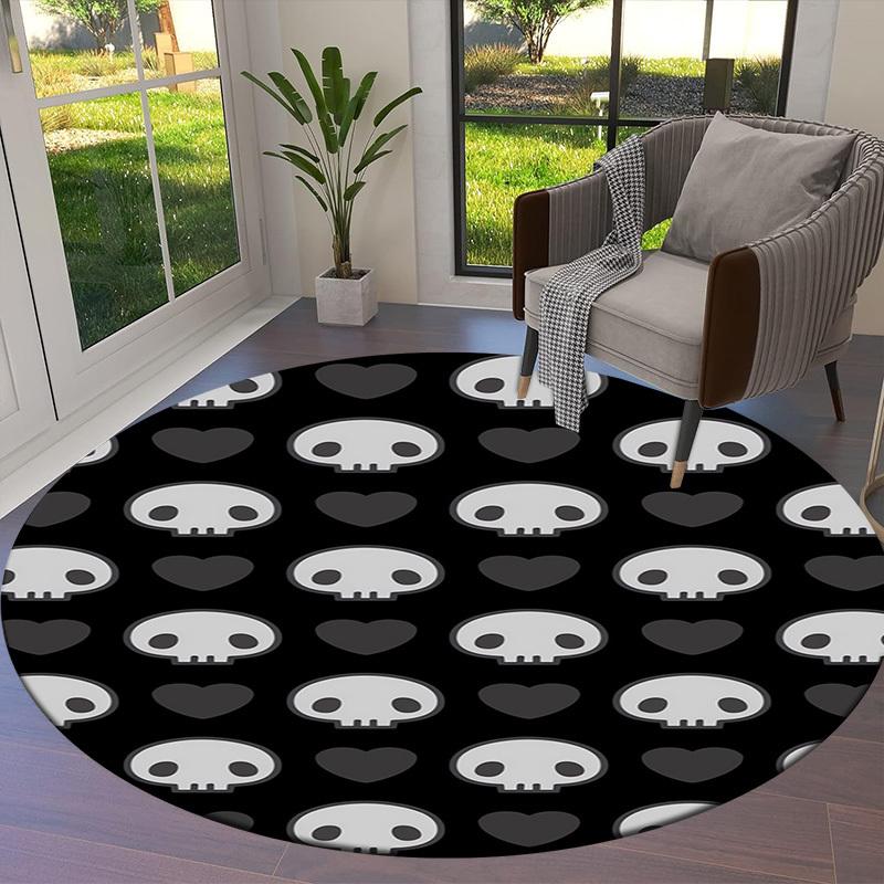 1pc Skull and Heart Pattern Round carpet, Made of Polyester,Office Chairs, Living Rooms, Or Bedrooms, a Cool Rug for The Living Room.ydt26053