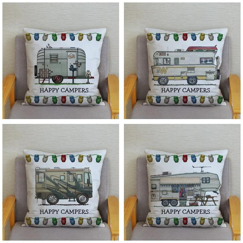 45X45Cm Happy Campers Owl Motorhome Print Pillow Case Soft Polyester Sofa Car Seat/Back Cushion Cover For Home Decor Pillowcases