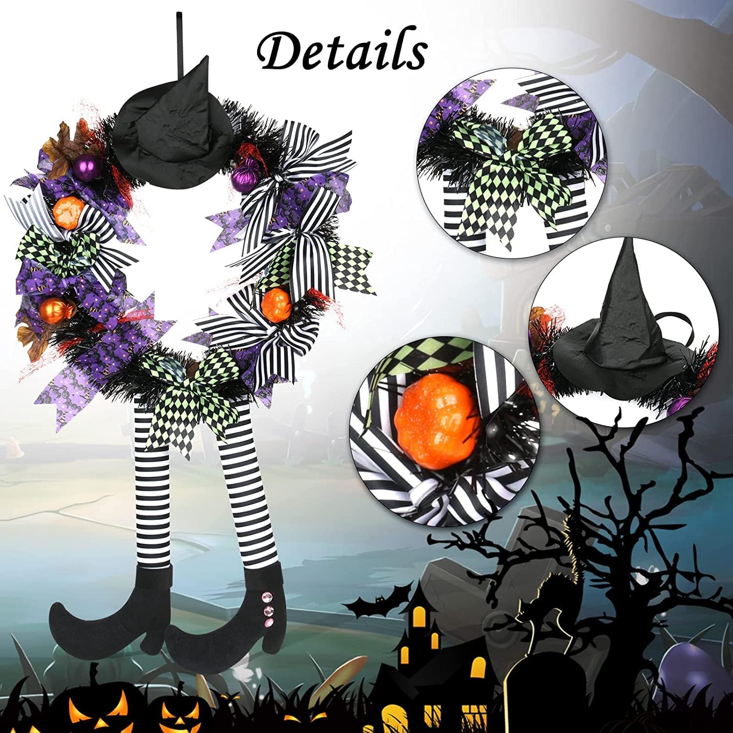 Halloween Wreath Decorations - Halloween Wreaths for Front Door - Witch Decor with Hat Legs Pumpkin Halloween Hanging Decor,Halloween Door