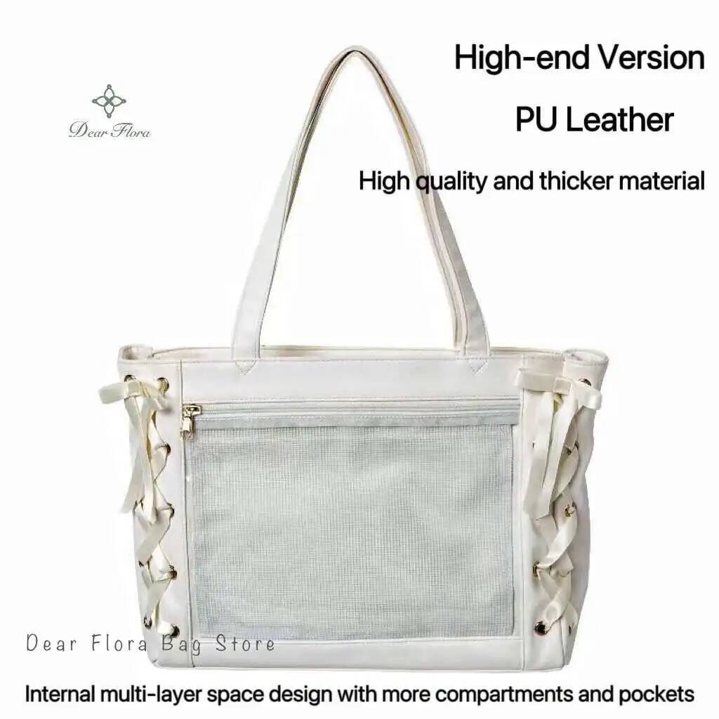 Japanese Sweet Women Ribbon Ita Bag Cute Girl Transparent Handbags Large Capacity Tote Bag Aesthetic Shoulder Bag
