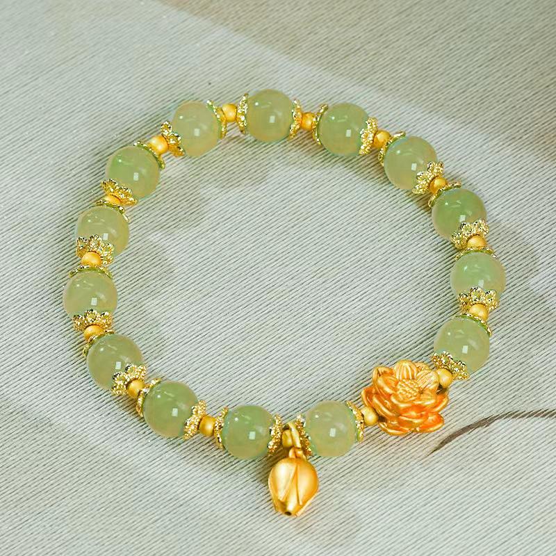 Women Fashion Lucky Bracelet Imitation Hetian Jade Lotus Elegant Temperament Beaded Bracelet Jewelry Gift