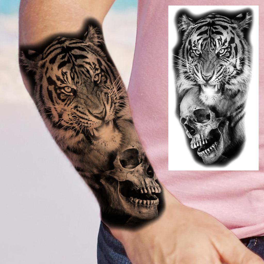 1 Sheet Lion Wolf Skeleton Nun Tiger Black Temporary Tattoos For Men Adult Leg Arm Compass Flower Fake Tattoo Sticker Waterproof