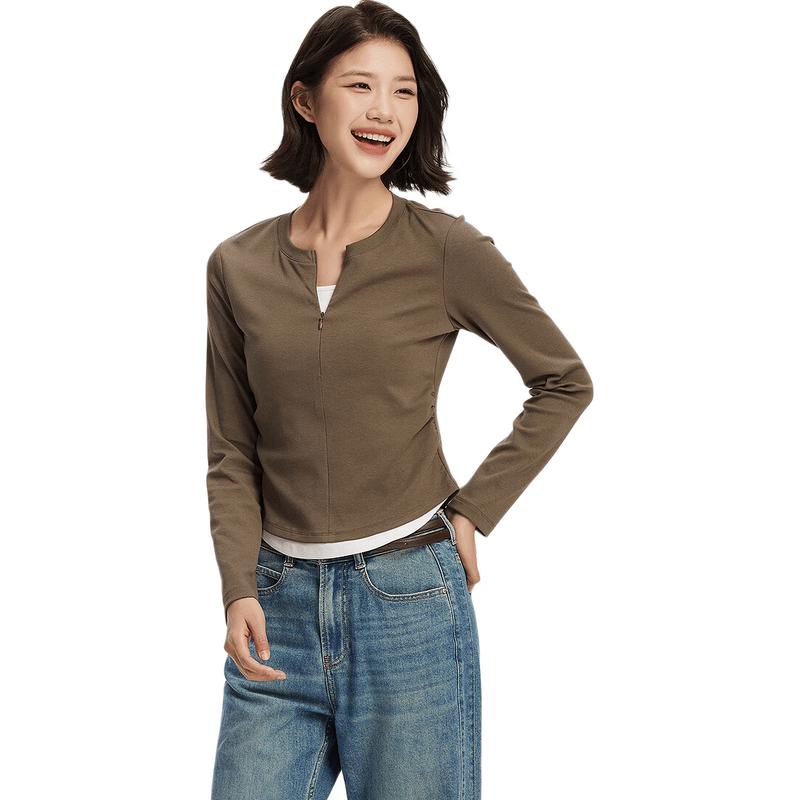 Semir Women's Slim Fit Faux Two-Piece Short Long Sleeve T-Shirt