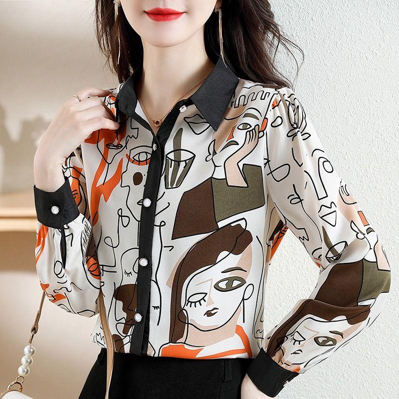 Fashion Printed Shirt  Spring Autumn Commute Single-breasted Casual Korean Polo-Neck Spliced Women's Clothing Loose Blouse
