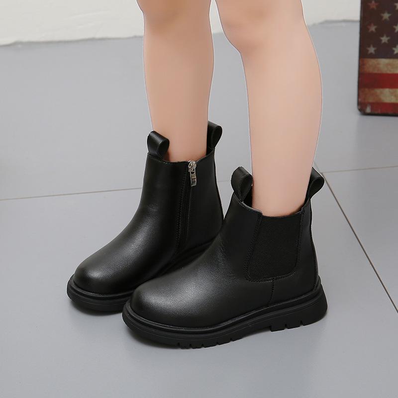 

Girls boots winter 2025 new Korean version of British baby leather short boots medium older children velvet little girl Martin boots 27 чёрный