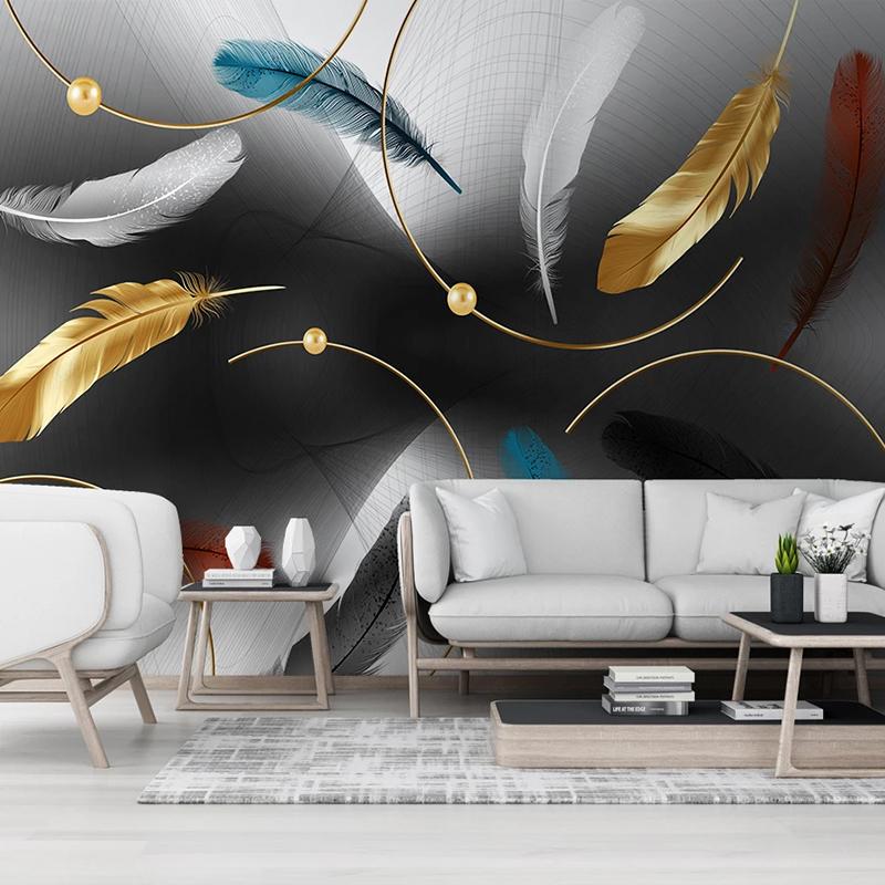 Custom Any Size Modern Mural Waterproof Canvas Fabric Wallpaper Abstract Smoke Golden Feather TV Background Papel De Parede 3D