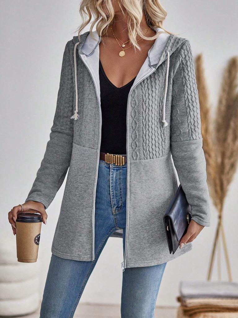 Spring/Autumn Women's Casual Loose Solid Color Ripple Patchwork Zippered Hoodie Jacket for Women