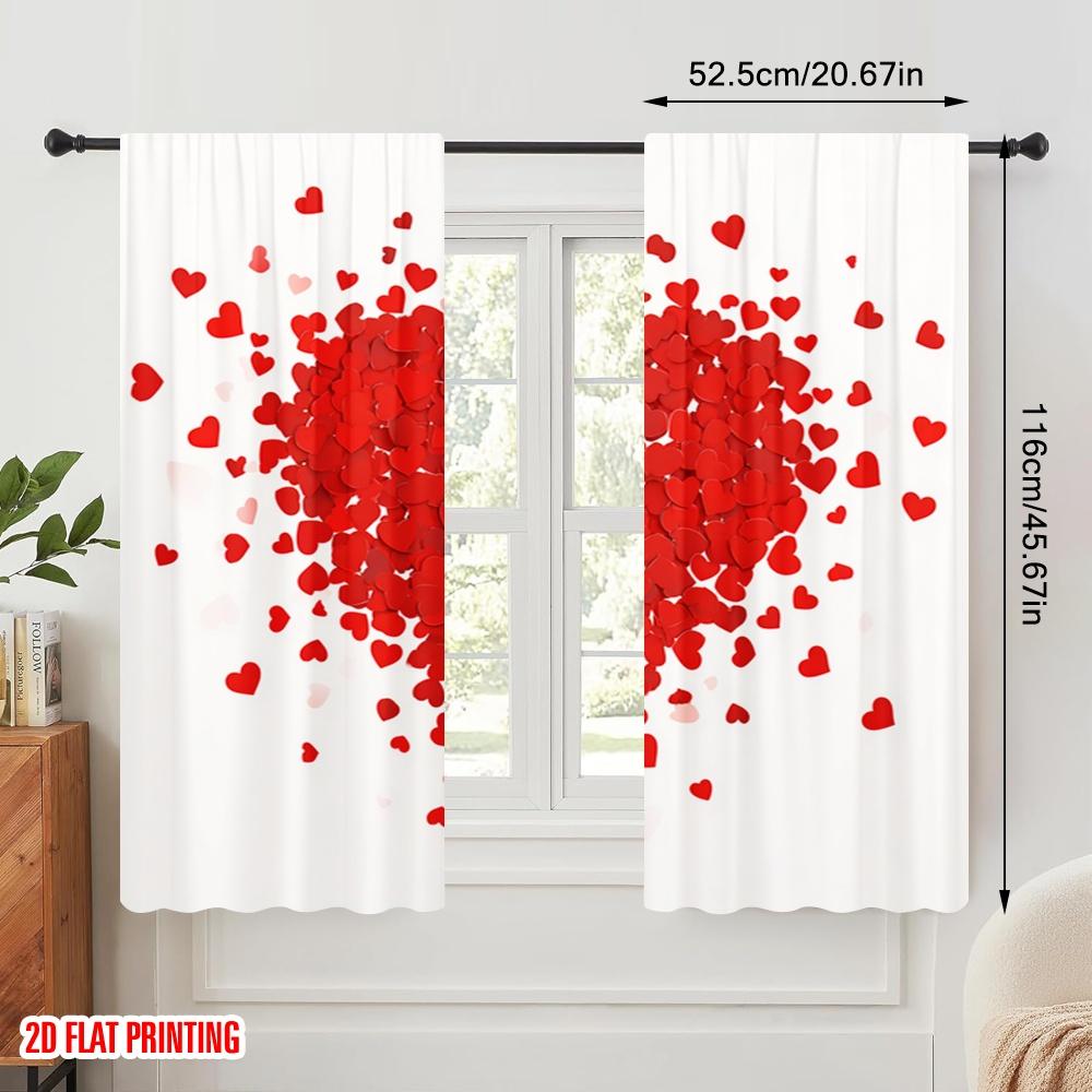 2pcs,2D Plane Printing Light Filtering Curtains Red Heart Explosion Versatile Durable Polyester (without Rod) All Seasons Use