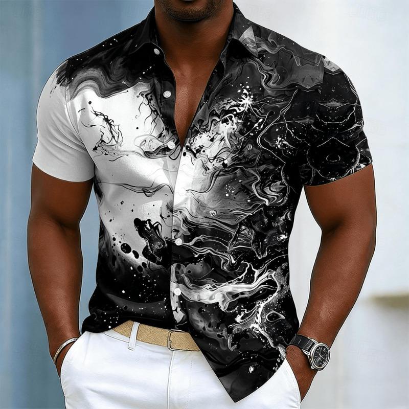 Men's Ink Swirl Art Short Sleeve Shirt, Casual Abstract Fluid Pattern Button Down for Spring & Summer