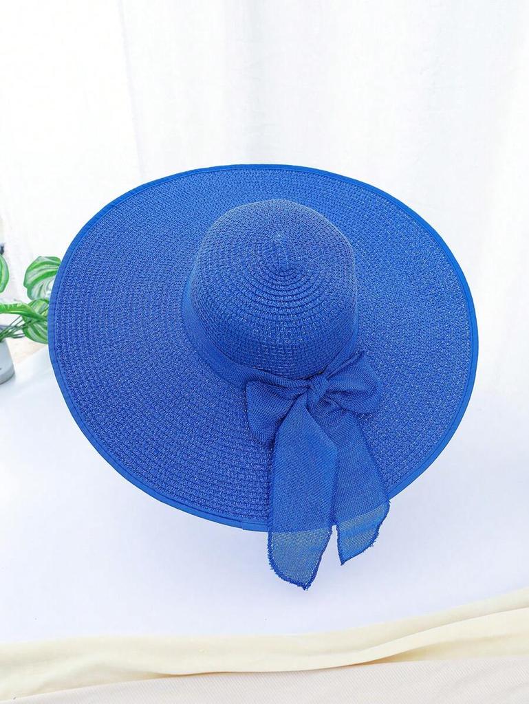 Solid Color Bohemian Straw Sun Hat With Bow Wide Brim Round Top UV Protection Windproof