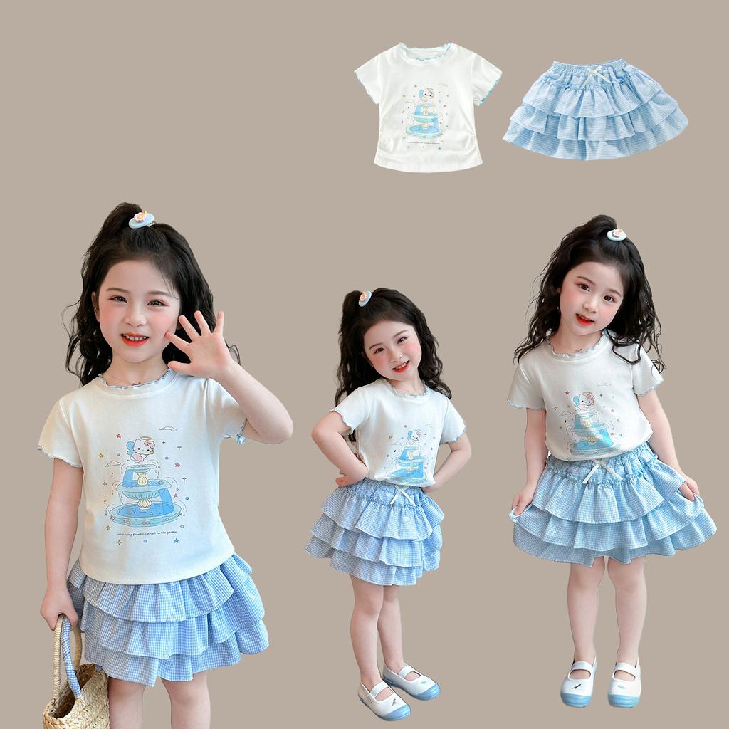 Girls' Summer Set 2026 New Fashionable Children's Summer Dress Short Sleeve Cake Skirt Two Piece Set for Baby Girls