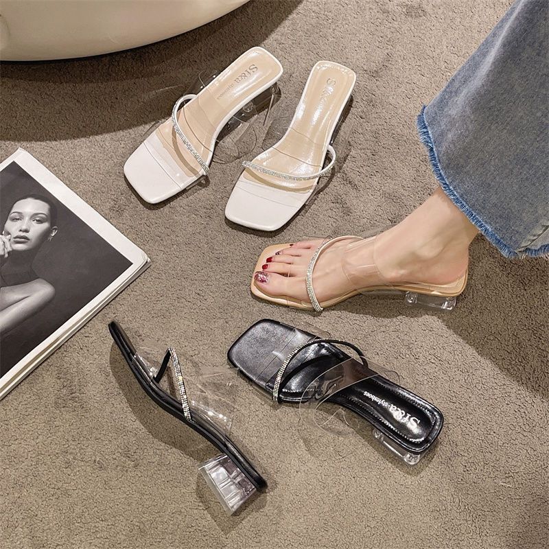 2025 summer new fairy wind transparent sandals Internet celebrity rhinestone square head middle heel sandals casual wear cool slippers
