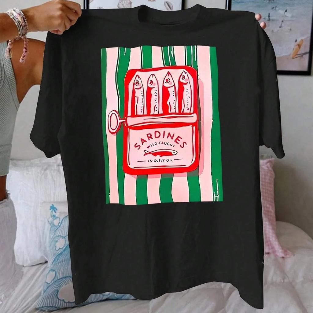 Women's Summer T-shirt with Sardine Print Round Neck Breathable Material Fashionable Casual Short Sleeve Top for Women