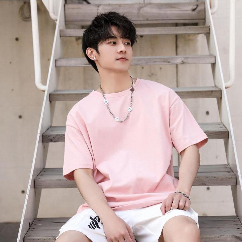 Summer new 200g pure cotton small shoulder youth campus sports and leisure loose solid color round neck short sleeves