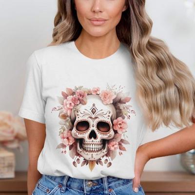 Tričko s cukrovou lebkou a květinami Mexické Svátek mrtvých Tričko s květinovým lebkovým potiskem Boho Chic Topy s cukrovou lebkou Dámské Módní tričko