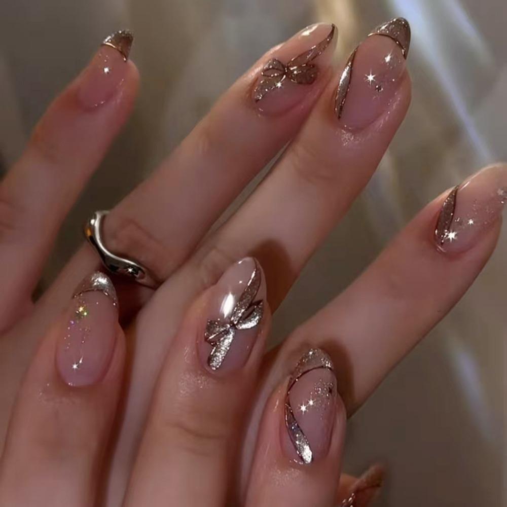 Manicure Long Almond False Nails Flowers French Press On Nails Starlight Fruit Aurora Fake Nails DIY