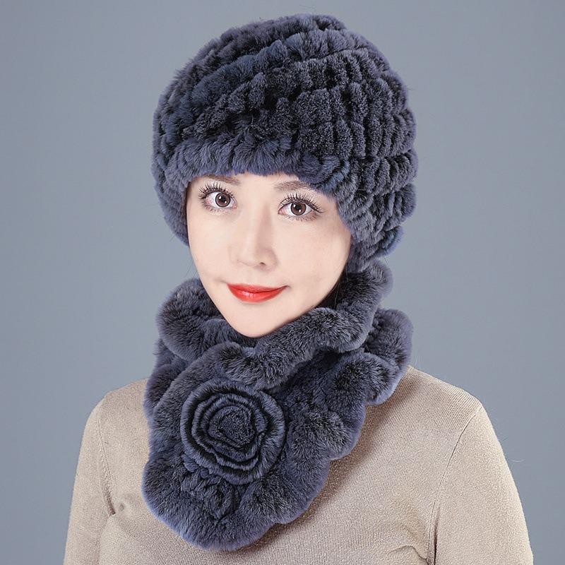 Middle-aged Rex rabbit hair hat female autumn and winter warm elderly grandmother ear protection fur mother wool scarf