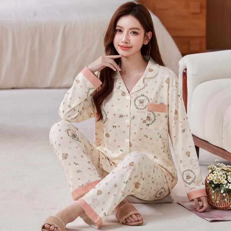 French Premium Imitation Cotton Loose Large Size Autumn Women's Pajamas Lapel Cardigan Loungewear Long Sleeve Set